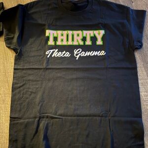 Black 'THIRTY Theta Gamma' Graphic Tee with Pink & Green Lettering